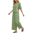 thumbnail image 5 of Kelon Cotton Linen Two Piece Sets for Women Summer Spring Travel Vacation Outfits Short Sleeve Lounge Sets Wide Leg Pants, S, 5 of 5