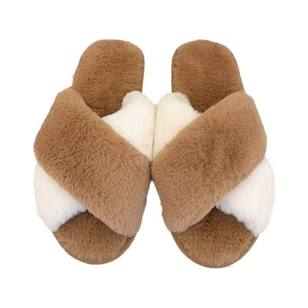 

MEGAWHEELS Women s Cross Band Slippers Color contrast Soft Plush Furry Shoes