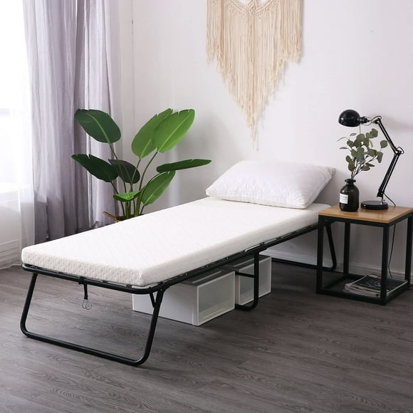 Foldaway Guest Bed Cot - Portable Folding Bed Frame with Thick Memory Foam Mattress for Spare Bedroom & Office