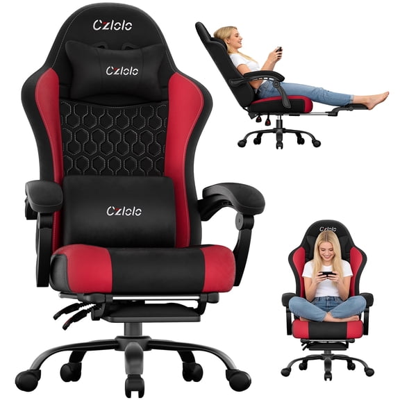 Gaming Chair Velvet Fabric Pocket Spring Cushion,Reclining Gamer Chair,Ergonomic Game Chair with Footrest,Headrest,Red