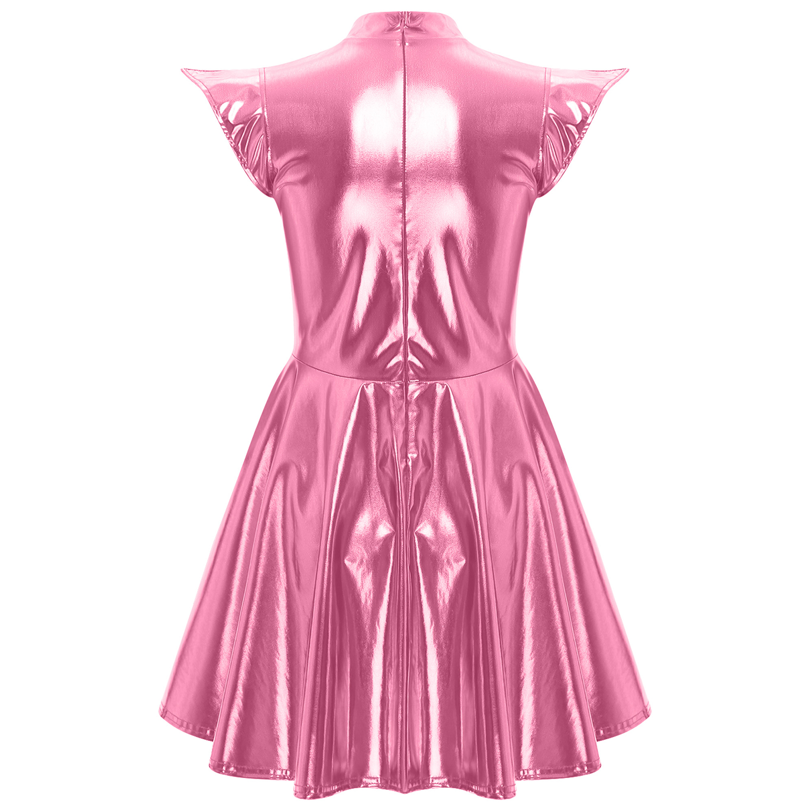 iiniim Women Shiny Metallic Holographic High Waisted Flare Skater Dress Carnival Party Pink L