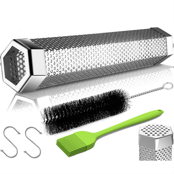 Premium Pellet Smoker Tube 12",5 Hours of Billowing Smoke,Hot or Cold Smoking,for Any Grill /Smoker,Stainless Steel Portable Barbecue Smoking Tube,2 S-Shaped Hooks,Cleaning Brush,Silicone Brush