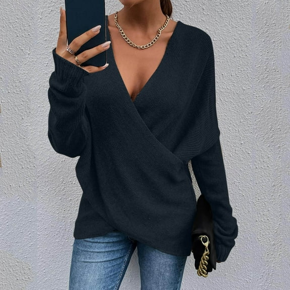 Deep V-Neck Sweaters for Women Women Fashion Solid Color Long Cross Loose Sleeve Knit Sweater Coat Fall Fashion 2023 Dark Blue