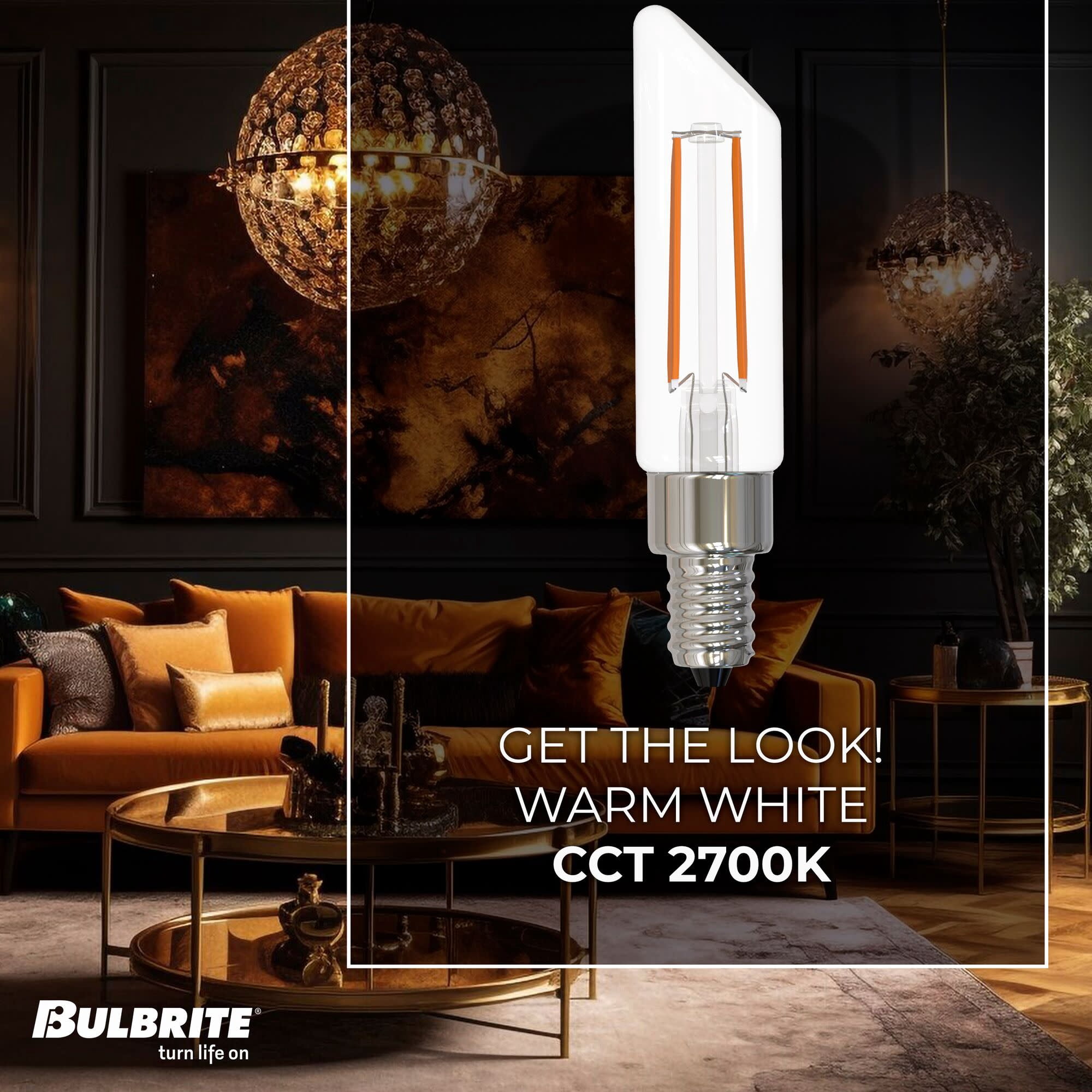 Bulbrite 862859 2700K 400 Lumen 4.5 watt LED Filament Dimmable T6SL Light Bulbs with a Clear & Candelabra E12 Base, Warm White - Pack of 4