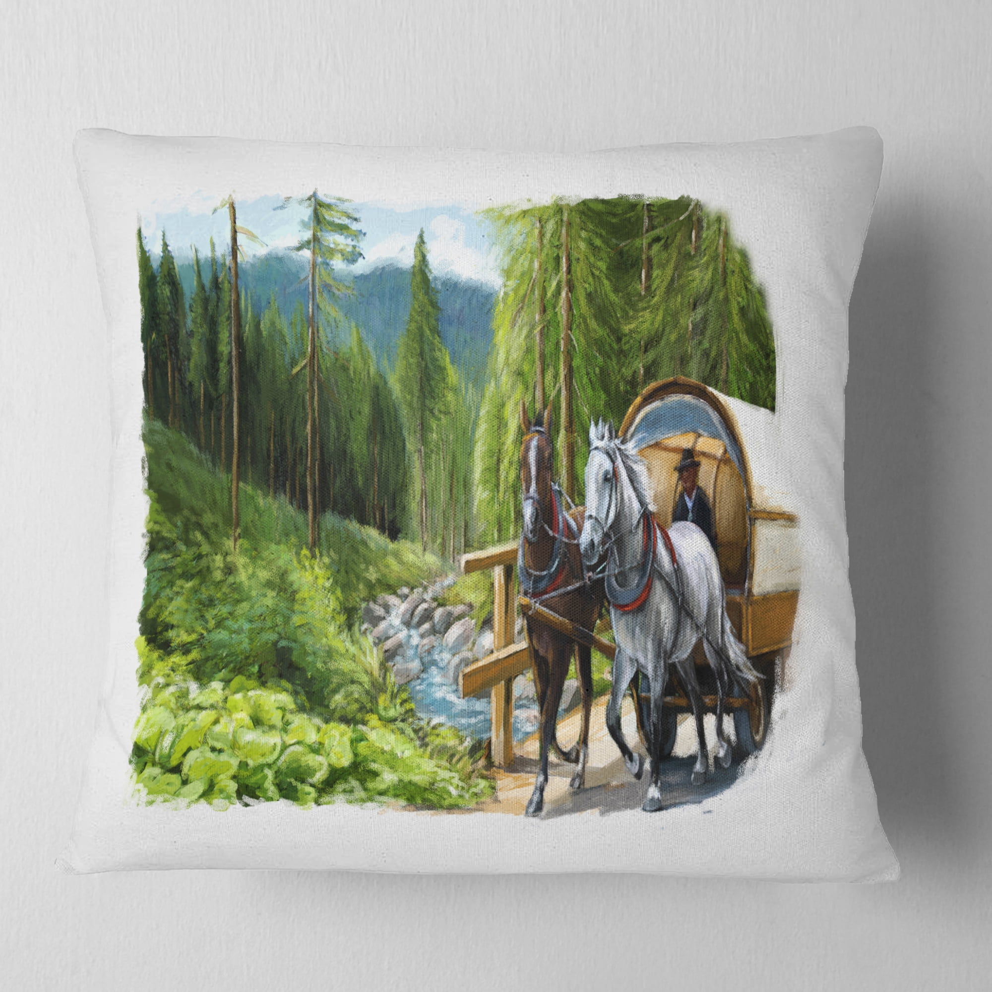 Designart Green Landscape with Horse - Abstract Throw Pillow - 16x16
