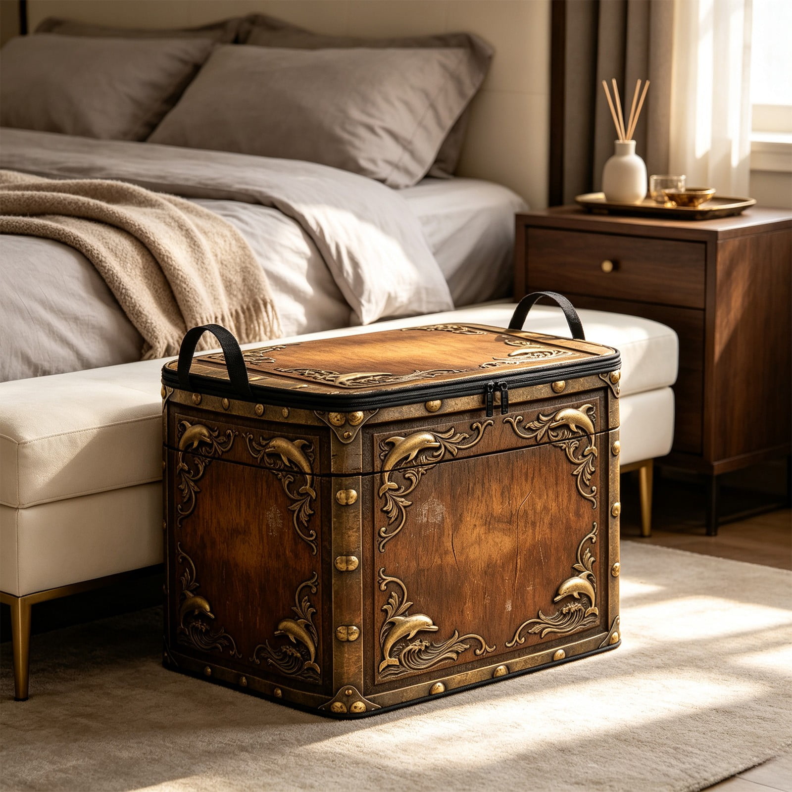 Foldable Fabric Storage Box with Wood Grain Pattern Large Capacity Lidded Organizer for Clothing Toys and Household Items Collapsible Container for Closet Bedroom and Living Room M