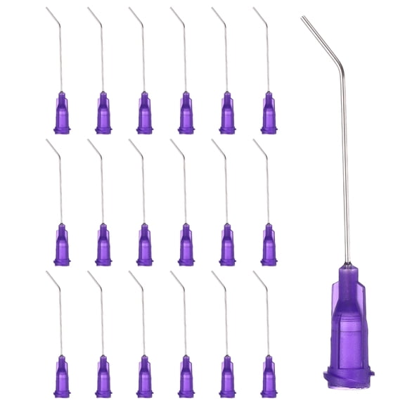 Uxcell 21Ga Angled Dispensing Needles, 66Pcs 1.5Inch 45° Curved Industrial Blunt Tip Dispensing Needle Tips with Luer Lock Needle for Refilling Liquid Inks Adhesive Glue Oil, Purple