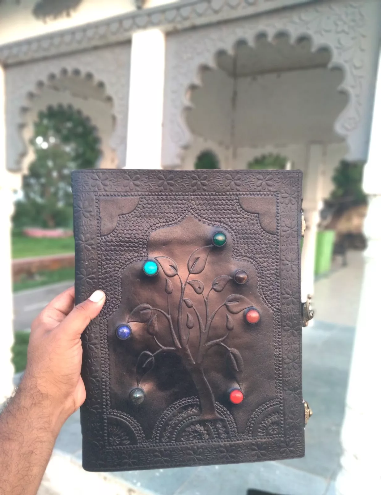 Handcrafted Embossed Tree Of Life Design Vintage Leather Bound Journal Seven Stone Diary Blank Notebook For Men & Women