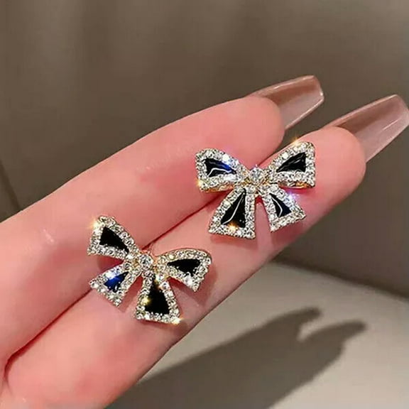 K-KED Fashion 18k Gold Plated Black Bow Crystal Stud Earrings Womens Jewellery Party