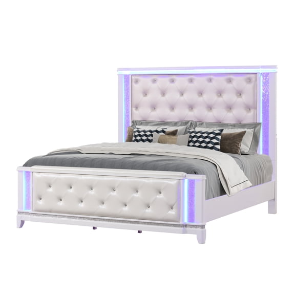Modern Queen Bed In Milky White, Headboard And With Lighted Crystal Like Spellbind For Bedroom Sumptuousness