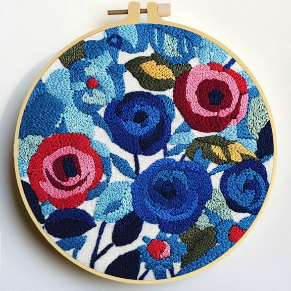 Punch Needle Kits Roses and Leaves DIY Embroidery Starter Set with Hoop Easy for Beginners Stress Relief Handmade Craft Hobby and Home Decor 20x20cm-1