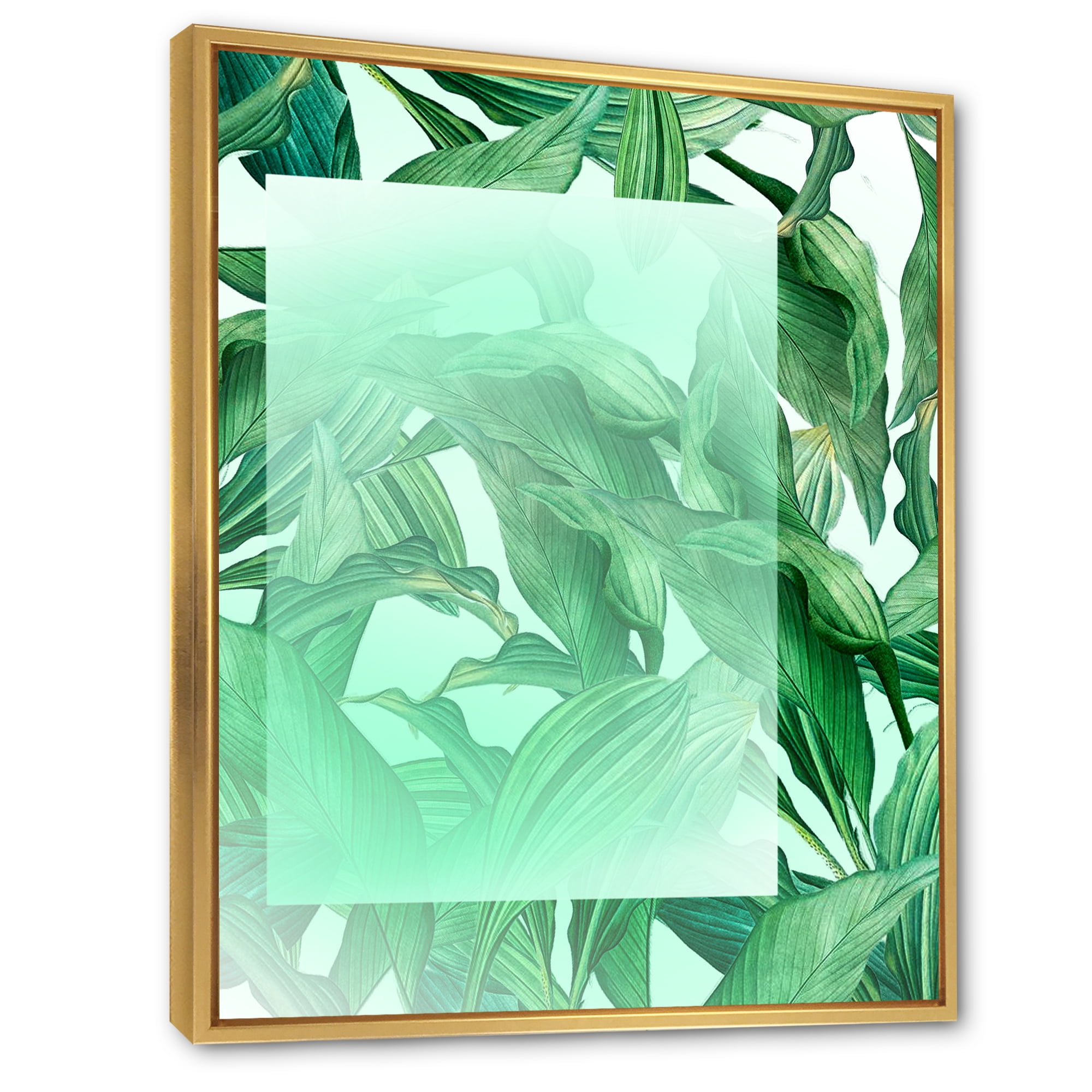 Tropical Palm Green Leaves Under White Rectangle 30 in x 40 in Framed Painting Canvas Art Print, by Designart