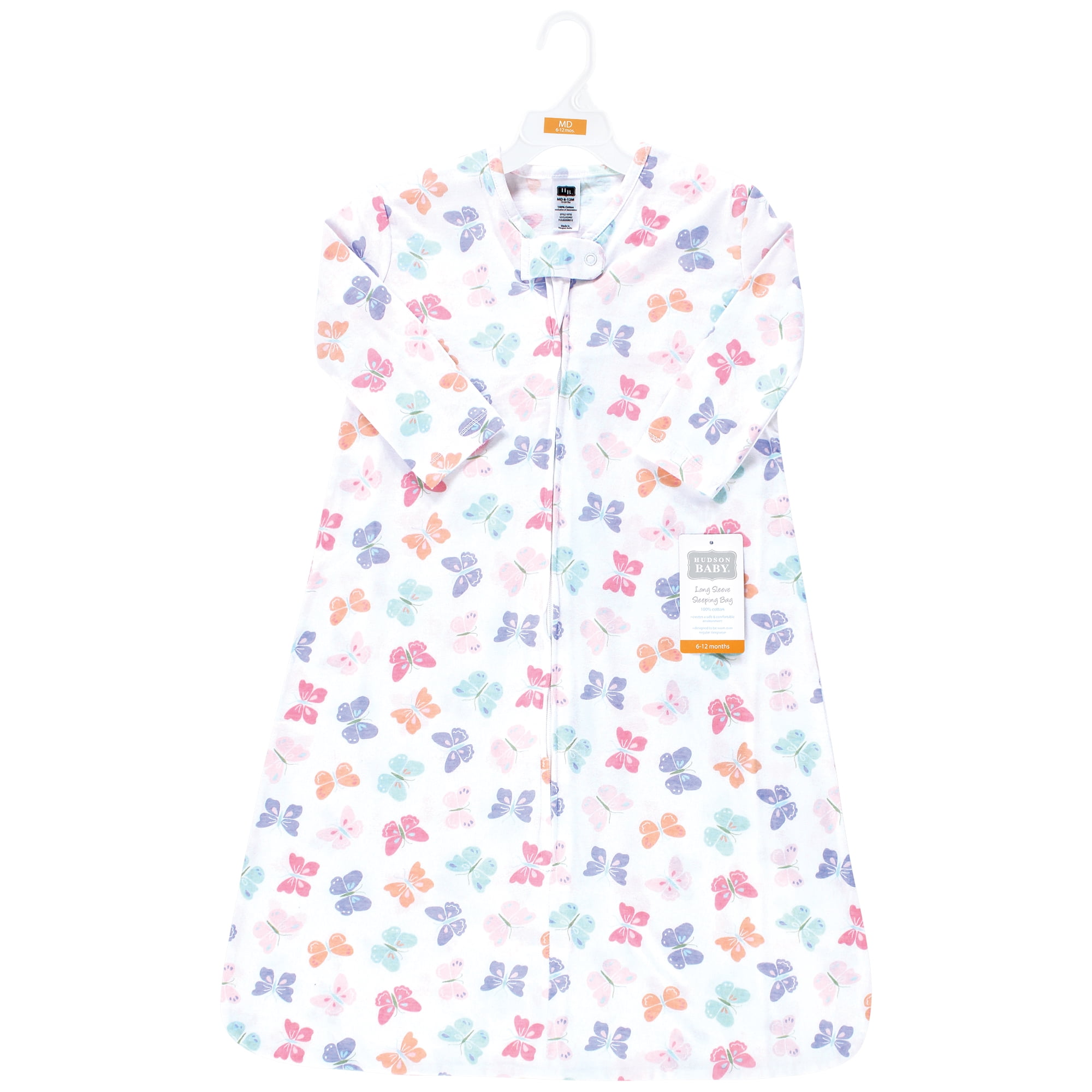 Hudson Baby Infant Girl Long Sleeve Cotton Jersey Sleeping Bag, Pastel Butterfly, 0-6 Months