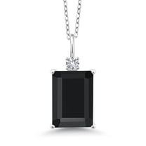 Gem Stone King 6.73 Cttw Black Onyx and White Created Sapphire Pendant Necklace for Women | 925 Sterling Silver | Emerald Cut 14X10MM | With 18 inch Silver Chain