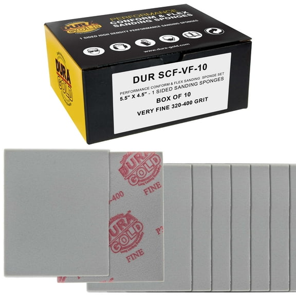 Dura-Gold Very Fine Cut Sanding Sponges, Box of 10 - 5.5" x 4.5" (320 to 400 Grit) Performance Conform & Flex Wet or Dry Flexible Softback Sandpaper Sponges, Hand Block - Wood Drywall Auto Paint