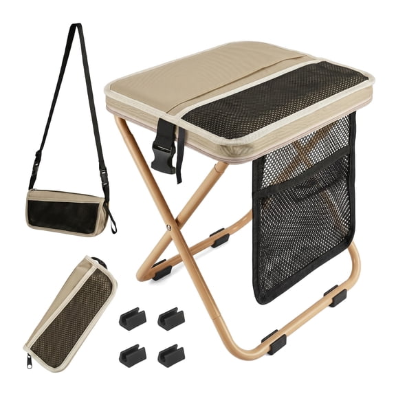 Portable Collapsible Stool – Heavy Duty Folding Camping Stool with Storage Pockets and Shoulder Strap, Ideal for Outdoor Activities, Hiking, Fishing, and Travel (Khaki)