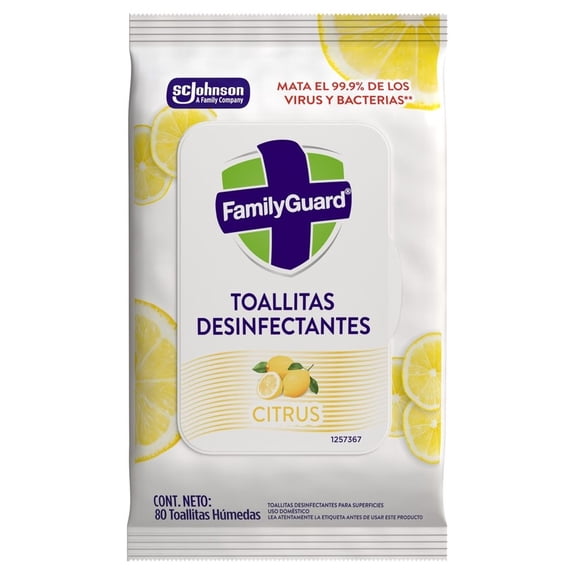 Toallitas Desinfectantes Family Guard aroma citrus, 80 piezas