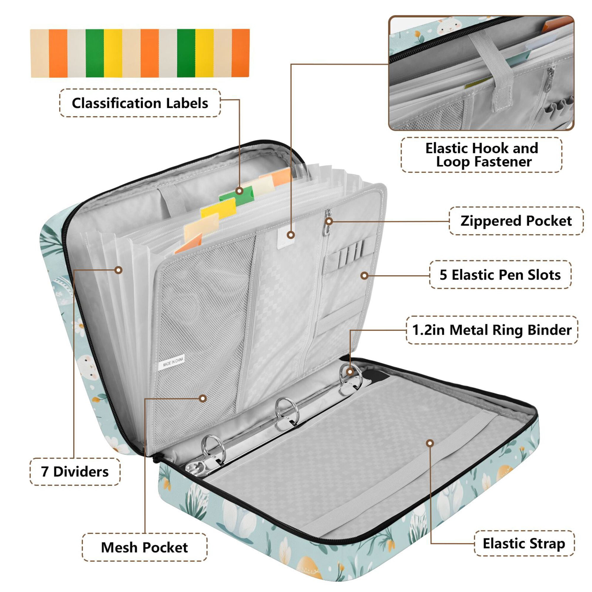 FORMRS Accordion File Folder A4 Size 7-Pocket Expanding Document Organizer Bag with 3 Ring Binder, Floral Easter