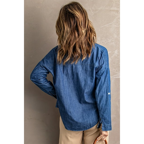 ABPHQTO Camisa vaquera de mujer de manga larga con botones y cuello vuelto azul