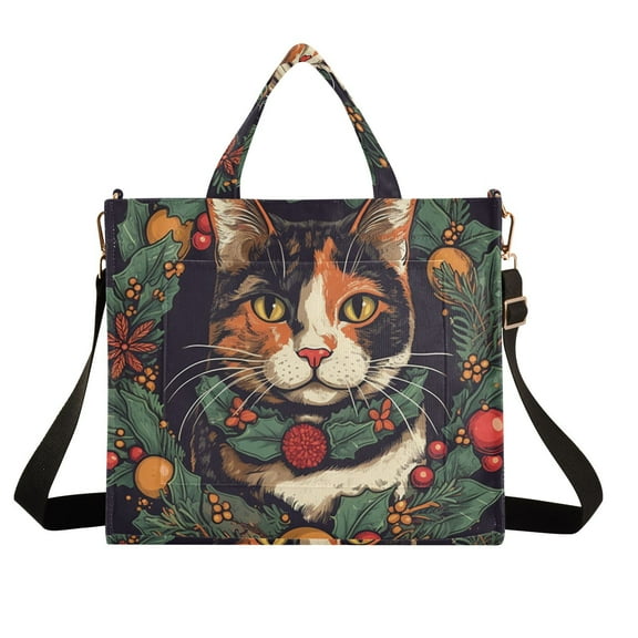Christmas Flowers and Cat Corduroy Tote Bag Handbag Large Messenger Bag Shoulder Crossbody Zipper Bag Purse