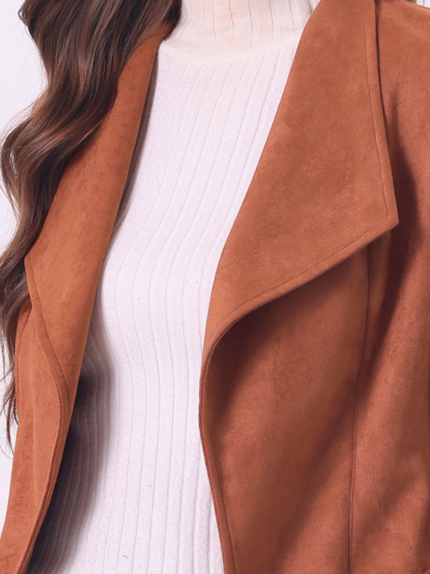 DARING DIVA Faux Suede Jacket Open Front Lapel Draped Cardigan Blazers M Caramel