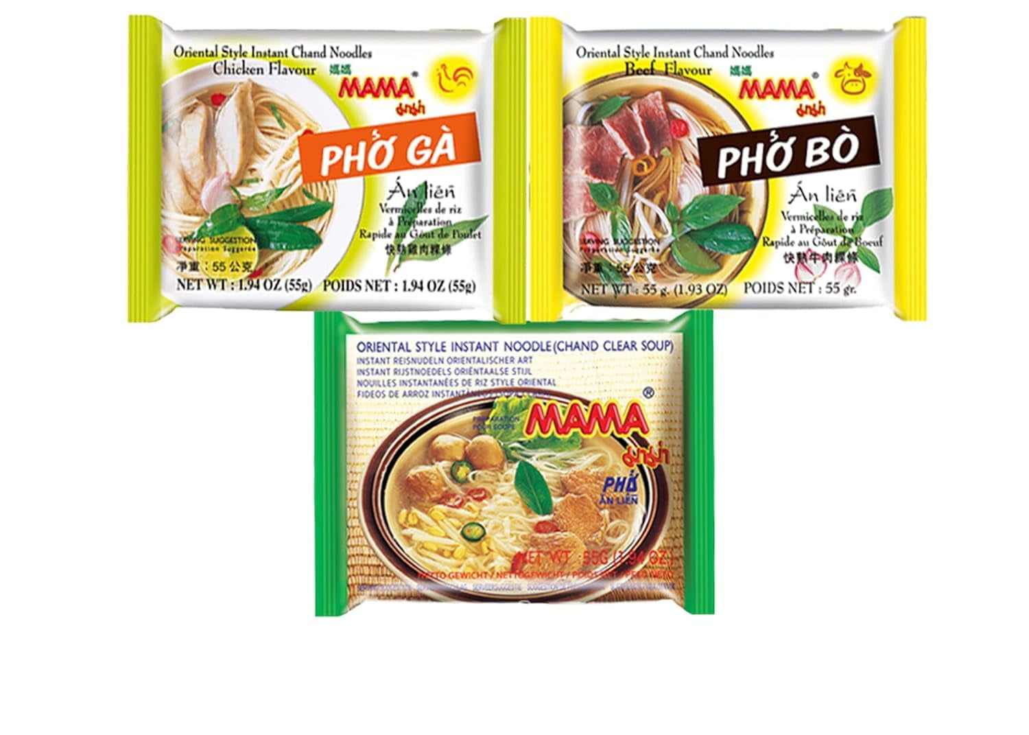 NineChef Mama Bundle - NineChef Spoon Plus Mama Oriental Style Instant Noodle Mix Flavor (Pho Ga Chicken Flavor, Pho Bo Beef Flavor, and Pho Chand Clear Soup) 3 flavors 10 bags each total 30 bags