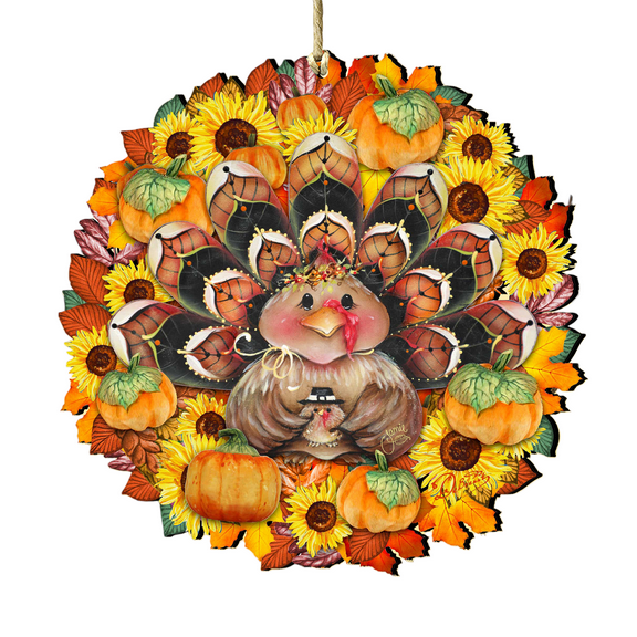 Designocracy Set of 2 Turkey Flower Wreath Fall Harvest Wooden Ornaments 5.5"