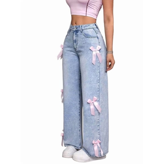 Baggy Jeans for 2026 Woman Tie Jeans High Waist Wide Leg Loose Pants Casual Streetwear Light Blue XL