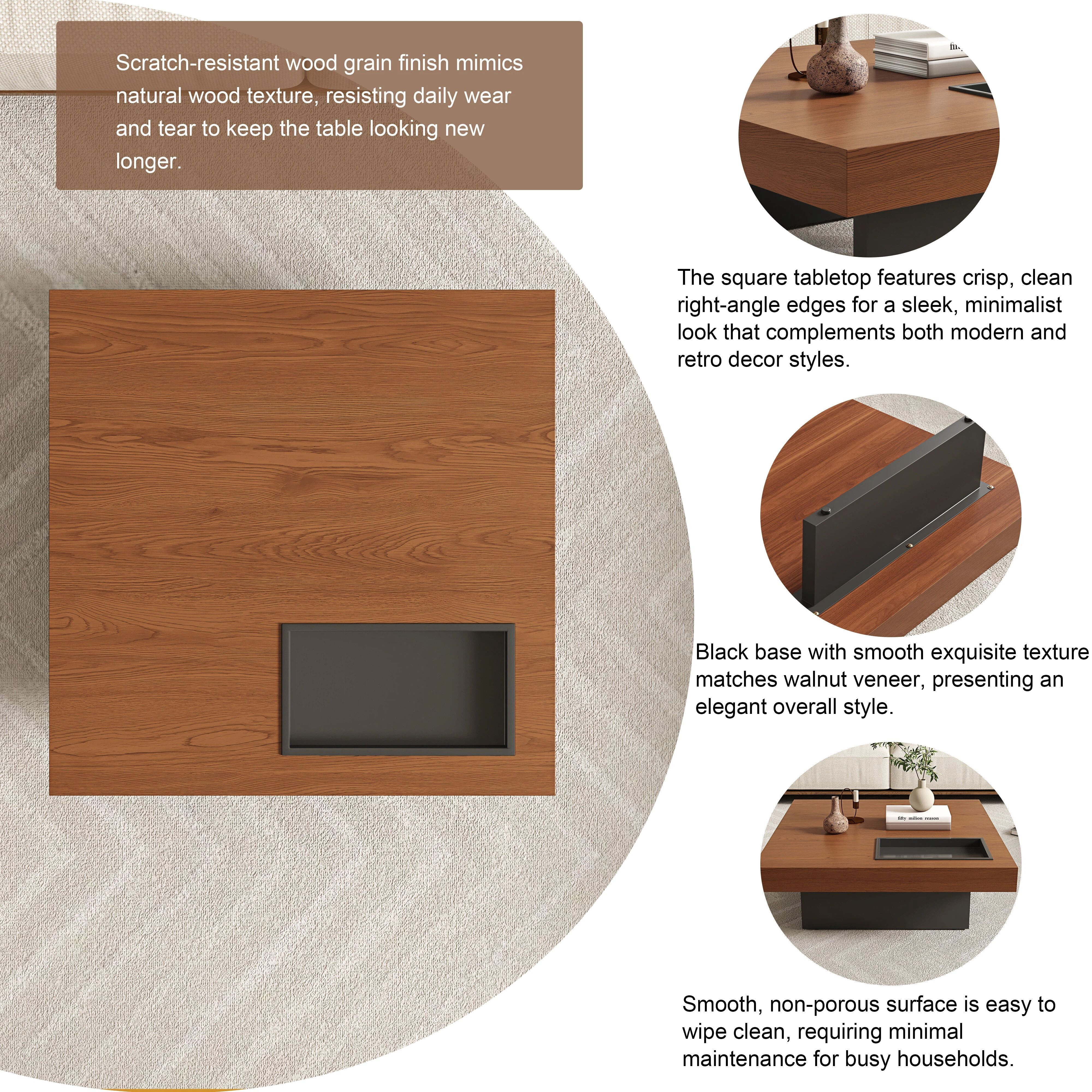 Euroco 35.43" Square Coffee Table with Storage, Mid-Century Modern Wooden Cocktail Table with Recessed Storage Tray for Living Room,Walnut