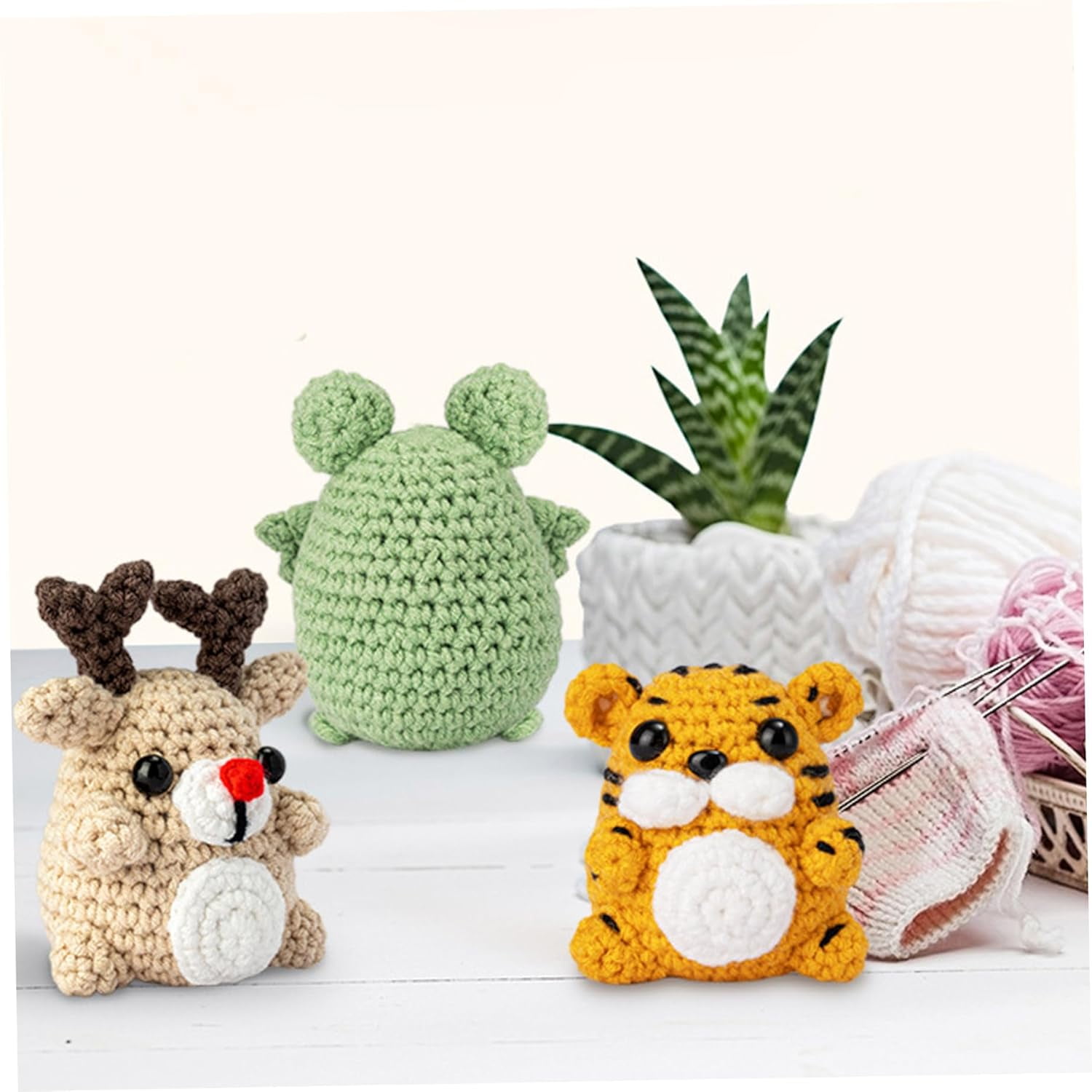Wewean Wobbles Crochet Animal Kit 3 Pack Elk/Tiger/Frog Crochet Starter Kit with Step-by-Step Video Crochet for Kids Adults Beginner I983