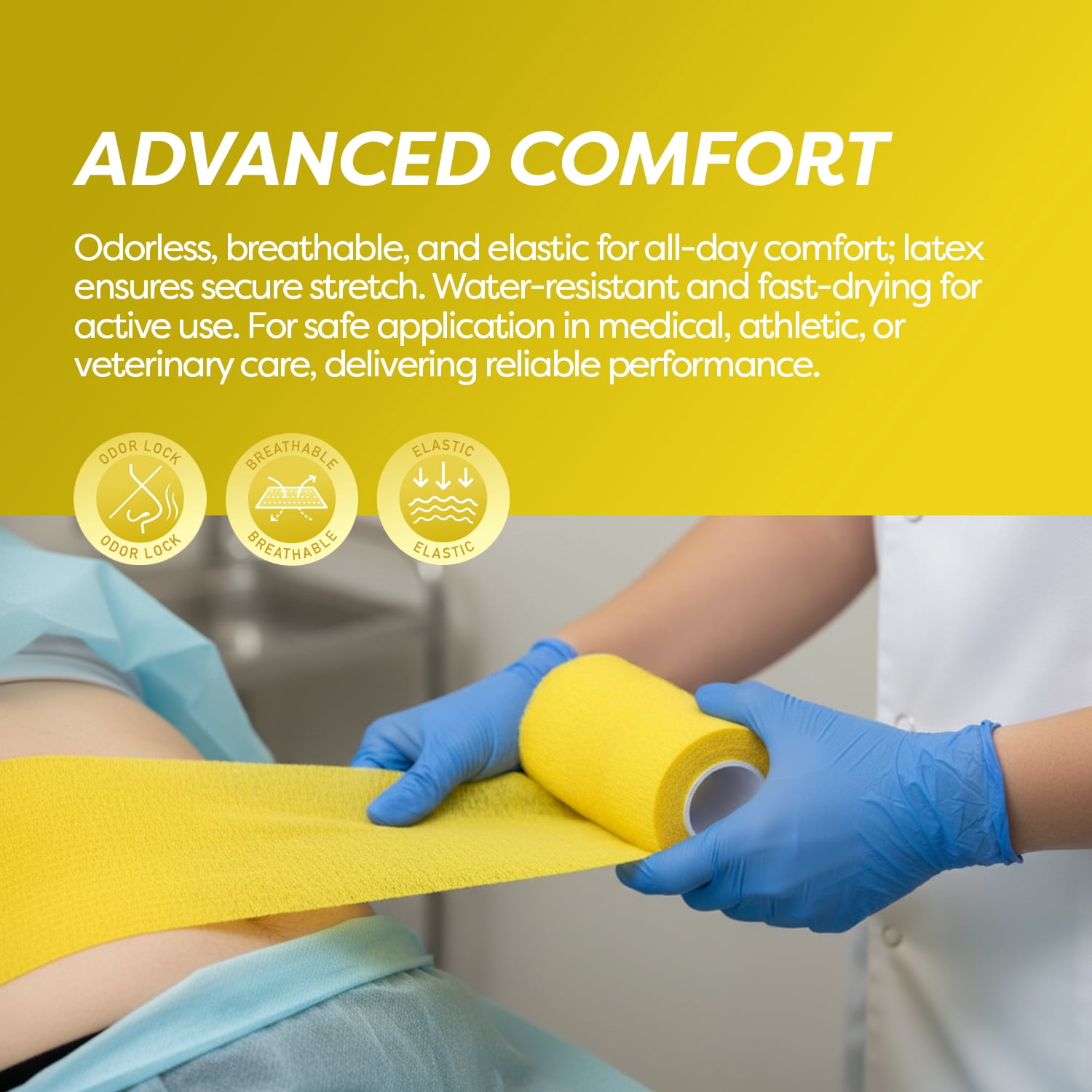 Dynarex Sensi-Wrap Self-Adhesive Bandages, 18-Pack, 4" x 5 yards, Yellow, Latex-Free, Colored Elastic Cohesive Athletic Tape, Tattoo Grip & Vet Wrap