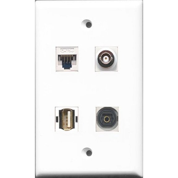 RiteAV - 1 Port USB A-A and 1 Port Toslink and 1 Port BNC and 1 Port Cat5e Ethernet White Wall Plate