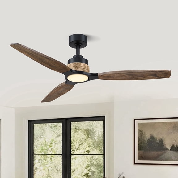 Parrot Uncle 56" Farmhouse Brown Solid Wood Dimmable LED Ceiling Fan with Light and Remote Control, Living Room Ceiling Fan
