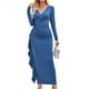 thumbnail image 1 of Vestido de Noche para Mujer, Moda 2025, con Escote en V, Larga, Abertura, Color Liso Azul Marino L, 1 of 10