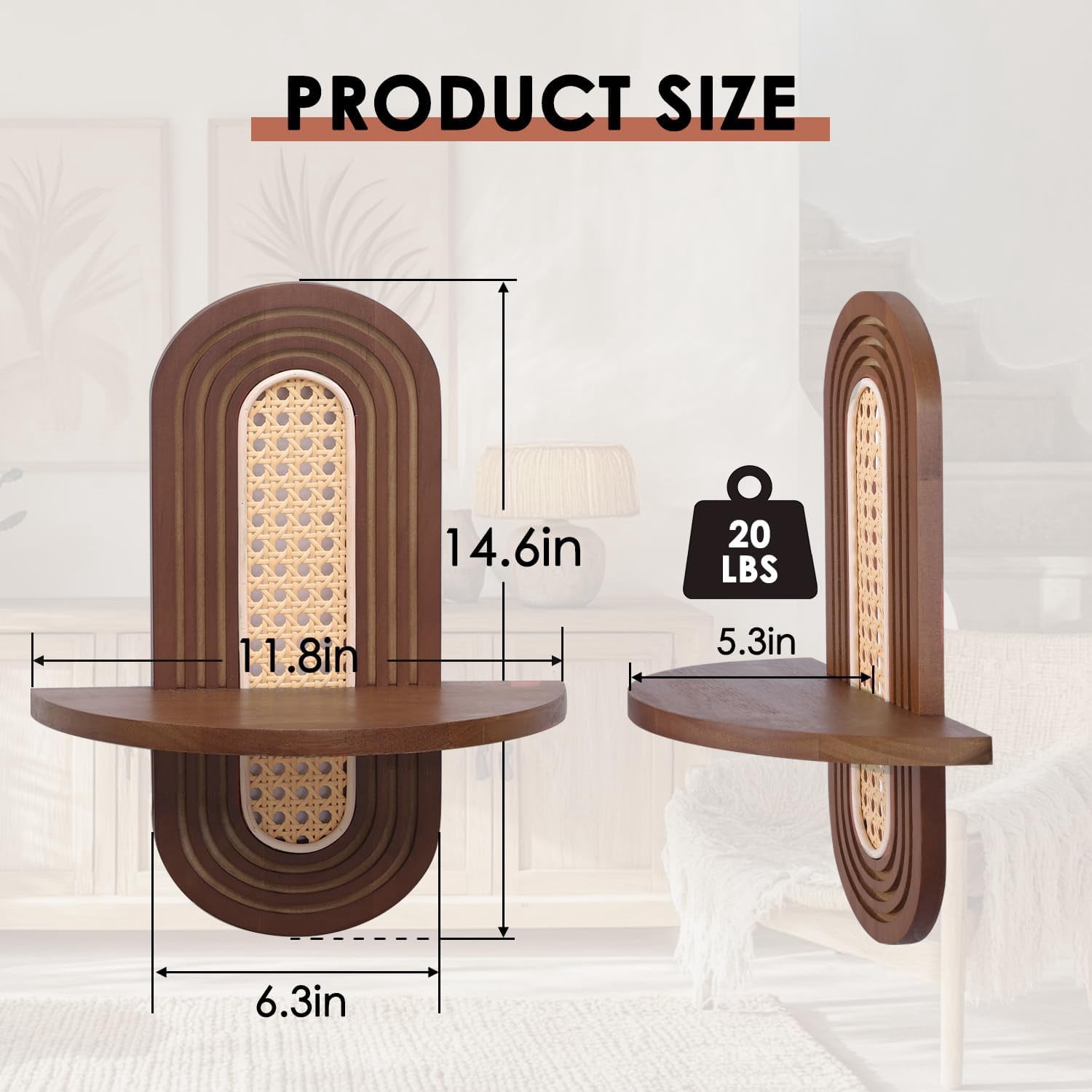 Floating Shelves for Wall, Boho Rattan Shelf Set of 2, Nature Wood Shelves for Living Room, Bedroom
