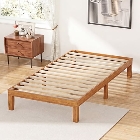 EDX Twin Size Wood Bed Frame, No Spring Needed, 12in Wooden Platform Bed Frame Mattress Foundation with Support Slats, Natural Pine