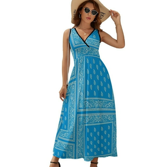 Light Blue Bandana Dress Fashion Boho Beach Long Dresses Female Party Printed Maxi Dress