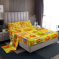 Pumpkin Sheets Colorful Fall Decorations for Home Sheet Set Newborn Youth, Pumpkin Decor Bed Sheets Set Buffalo Grid Patchwork Theme Top Fitted Sheet 4 Pieces, King