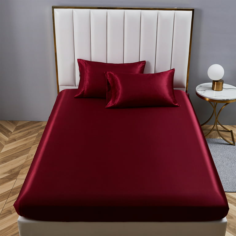 Satin Fitted Sheet, Twin Fitted Sheet Only, 1 - Piece Ultra Soft Deep Pocket Single Silk Bottom Bed Sheet Twin - Burgundy