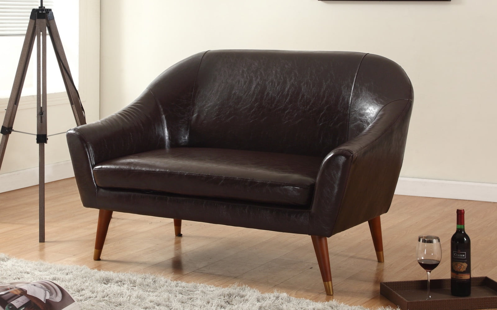Mid Century Modern Bonded Leather Living Room Loveseat