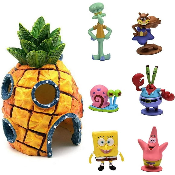 Qianli 7 Pack Aquarium Ornaments, SpongeBob SquarePants Aquarium Decorations Fish Tank Ornaments Resin Fish Tank Ornaments