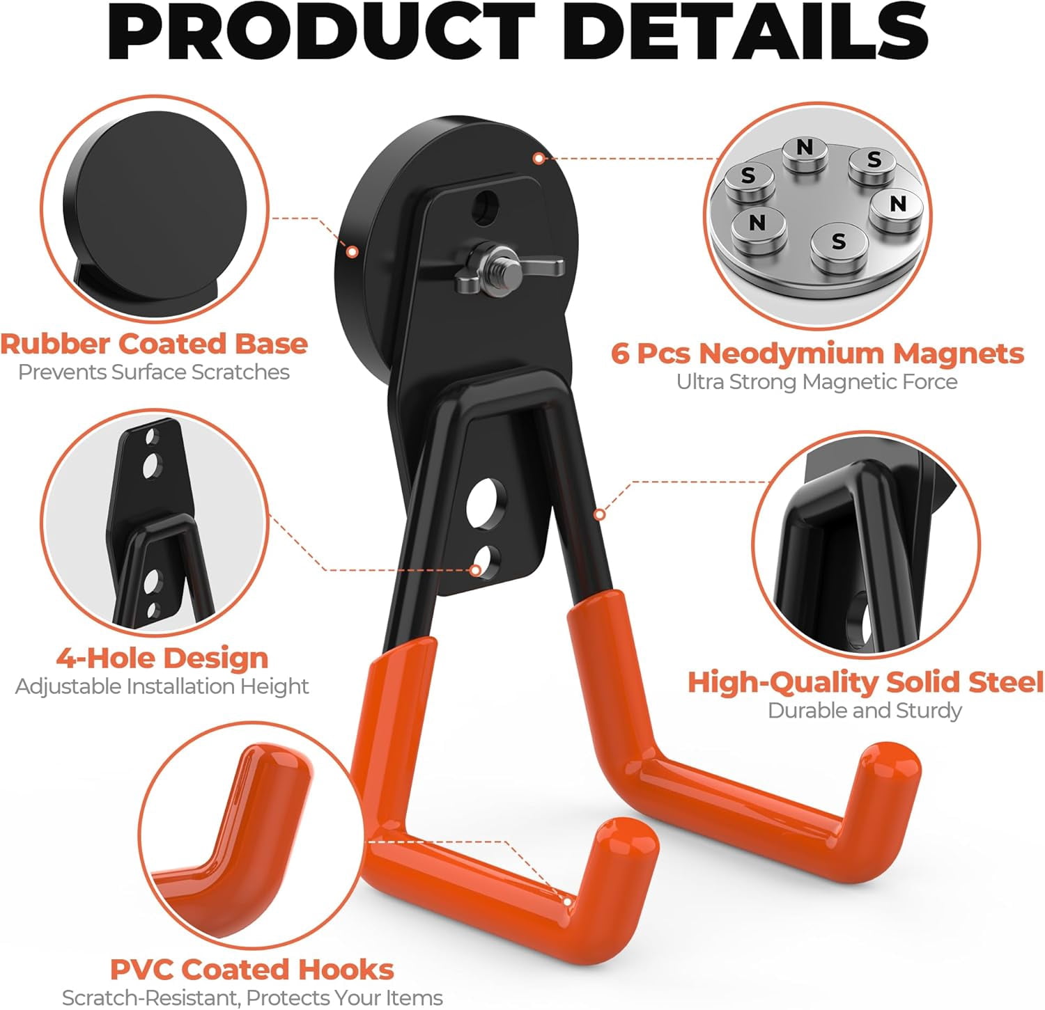 JJEAN-4 Pack Large Magnetic Hooks Heavy Duty, Strong Magnet Utility Hooks, Garage Storage Magnetic Hooks for Hanging Power Drills, Ladders, Hoses, Brooms & Outdoor Tools(Orange)