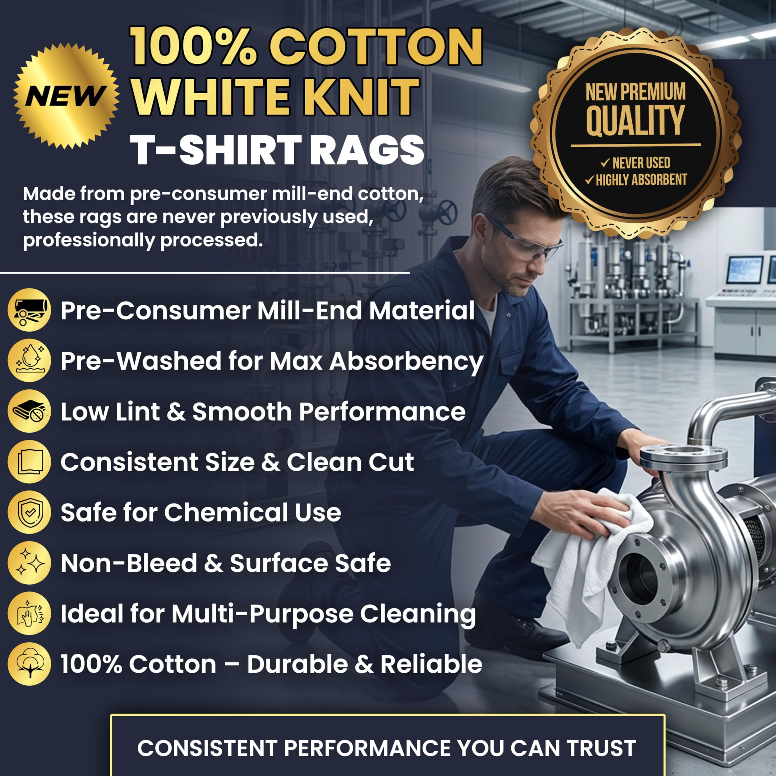 SupremePlus Premium New White Cotton Knit T-Shirt Rags for Cleaning, 10 lb Rags in a Box, Multipurpose Shop Rags for Painting, Staining, Polishing, Grease Cleanup, Auto, Garage, and Industrial Use