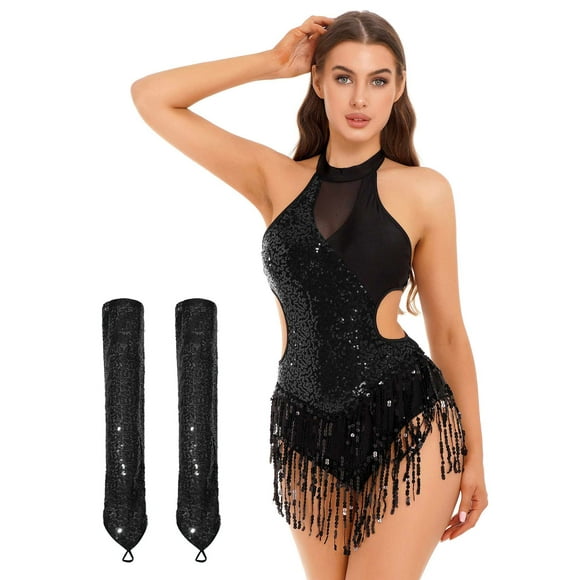 YONGHS Women's Tassel Latin Jazz Dance Dress Fringed Bodysuit Top Rumba Ballroom Leotard Skirt with Gloves Black S
