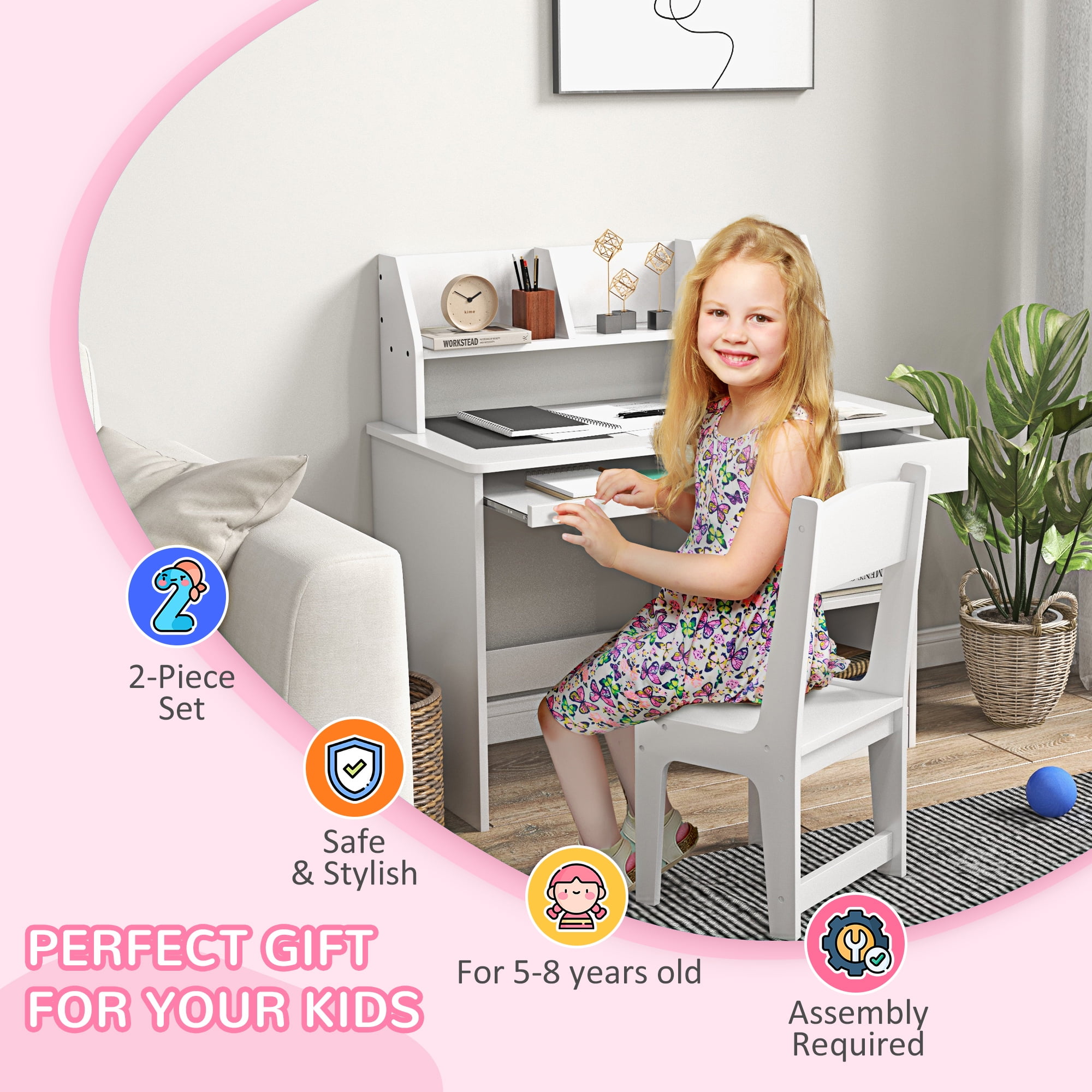 Qaba Kids Desk and Chair Set with Storage, Study Desk with Chair for Children 5-8 Years Old, White