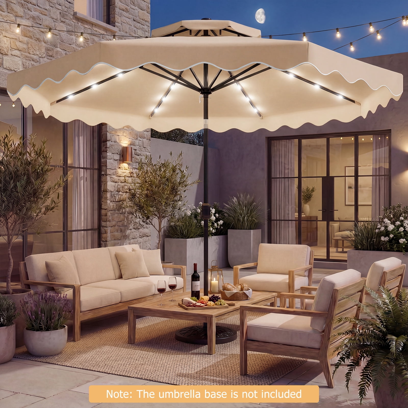 Costway 9 FT Solar LED Patio Umbrella, Push-Button Tilt & Crank, 24 LED Lights & 8 Ribs Beige