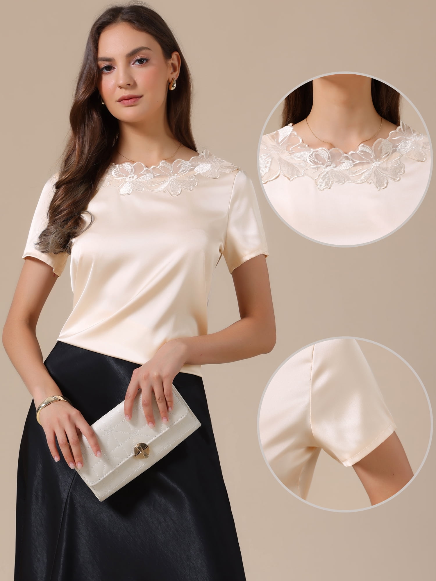DARING DIVA Women's Elegant Floral Lace Blouse Short Sleeve Casual Work Shirt XS Champagne
