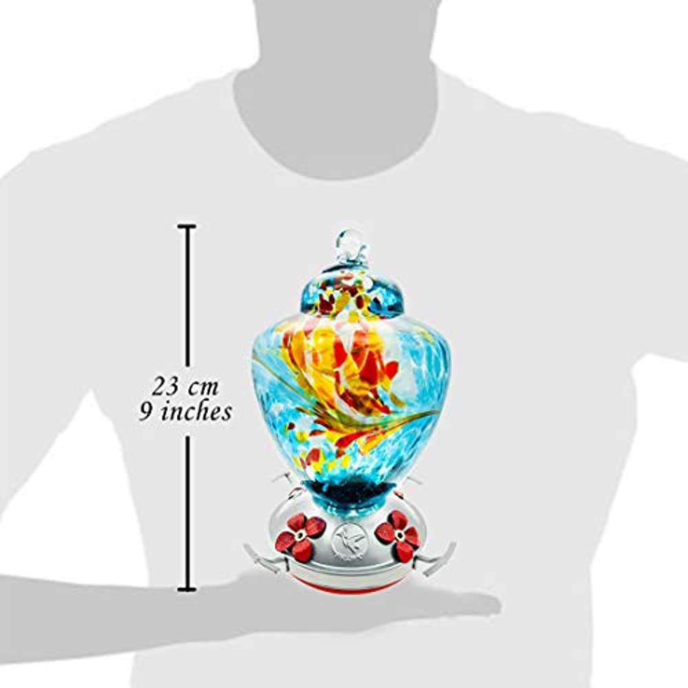 Feeders REZIPO Hummingbird Feeder with Perch Red Hand Blown Glass Dark