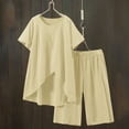 thumbnail image 3 of Summer Iyufng Linen Shorts Set Women,Summer Shorts Sets Plus Size 2 Piece Outfits,Solid Color Cotton and Linen Round Neck Split Five Part Pants Set,S-2XL, 3 of 9