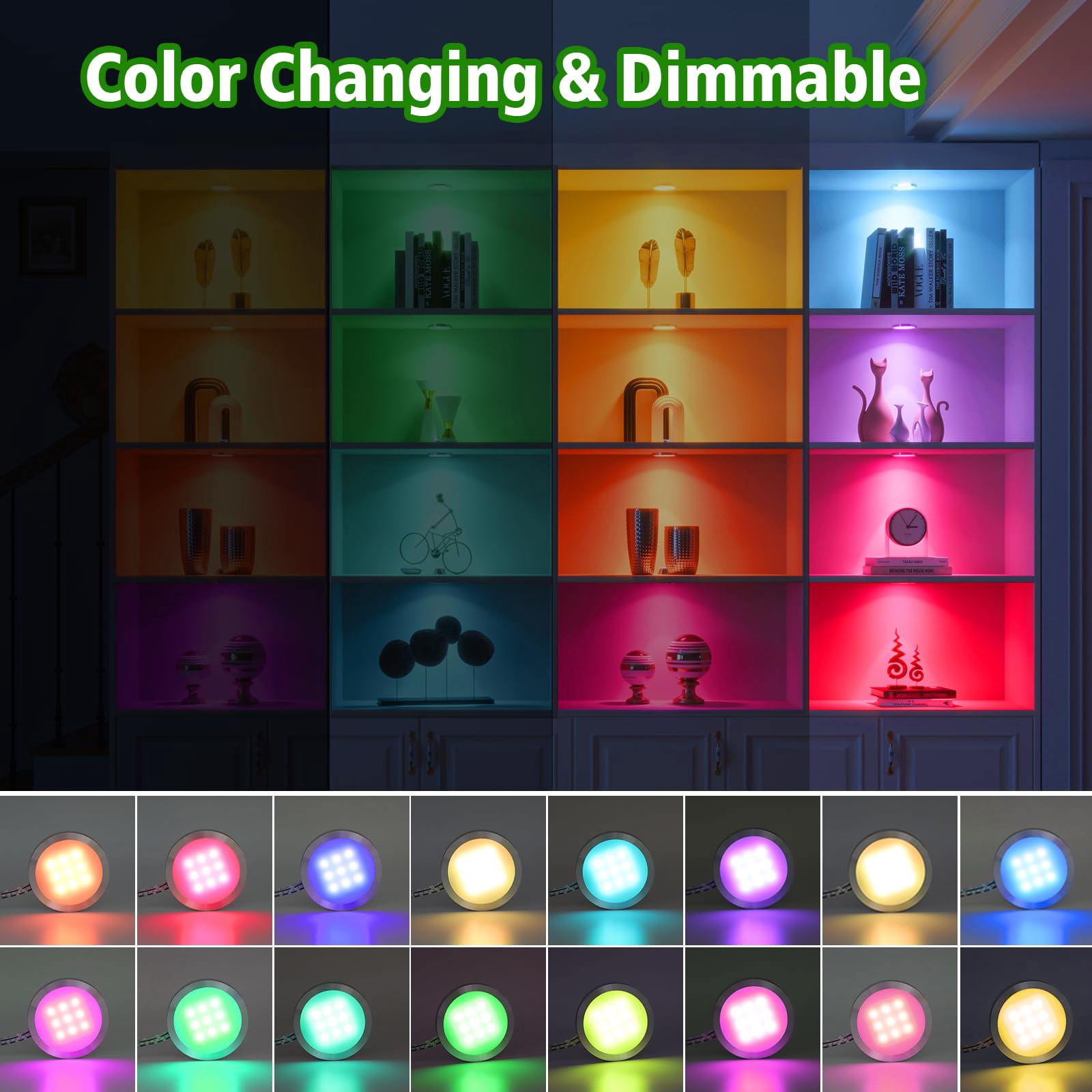 Dimmable RGB Puck Lights with Remote Control - 8-Pack Under Cabinet & Display Case Lighting with 20 Color Changing Options for Kitchen
